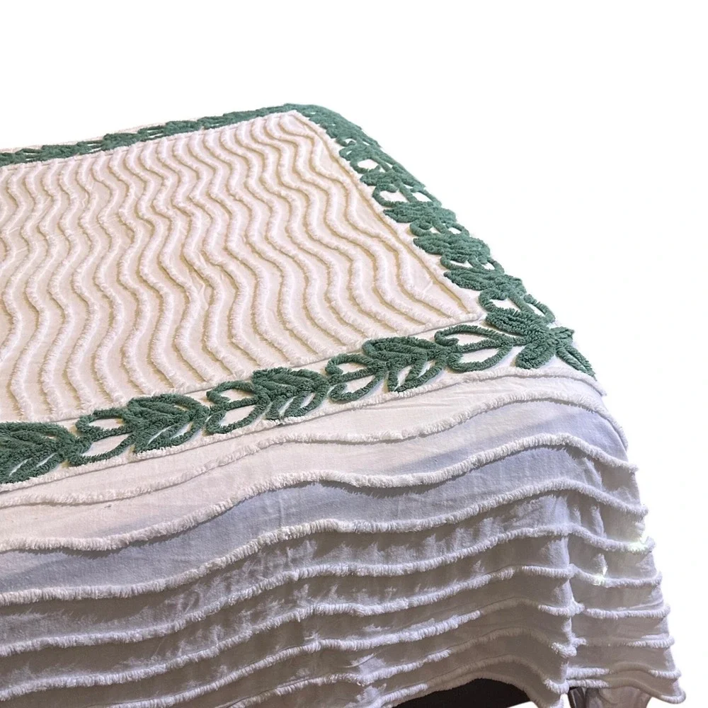 Vintage Fruit of the Loom Chenille Bedspread White Green Leaf Border 102x88 MCM